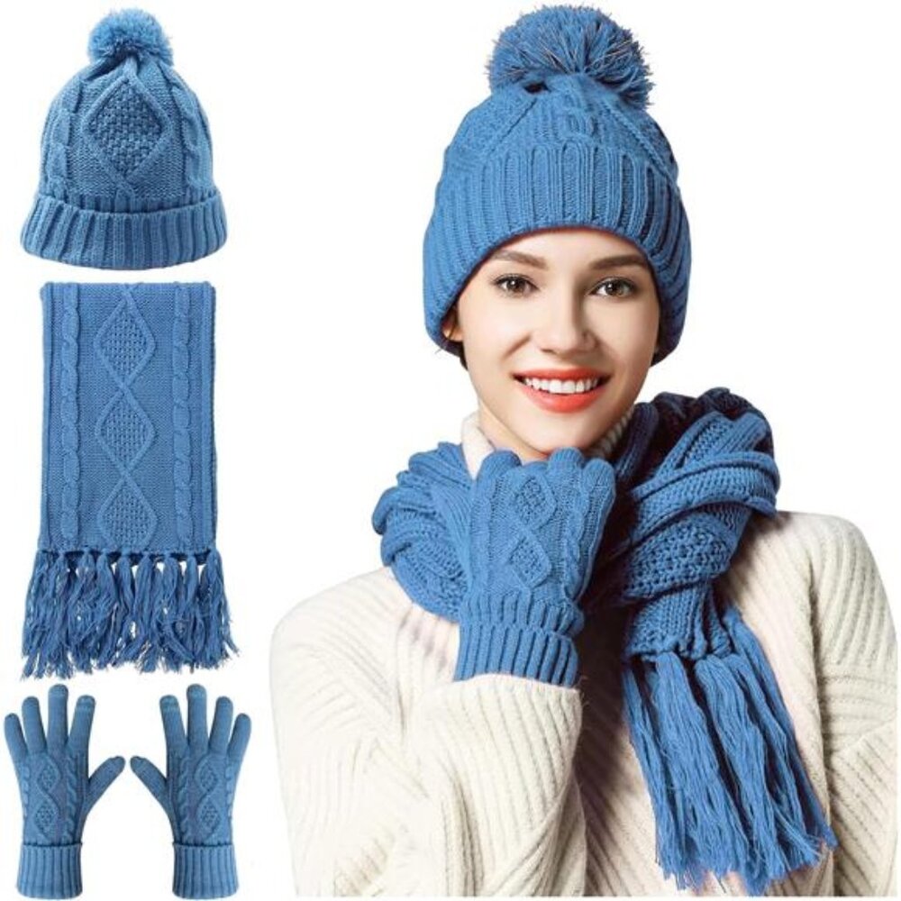 Women's 3 in 1 Set Hat Gloves Scarf Set, Blue